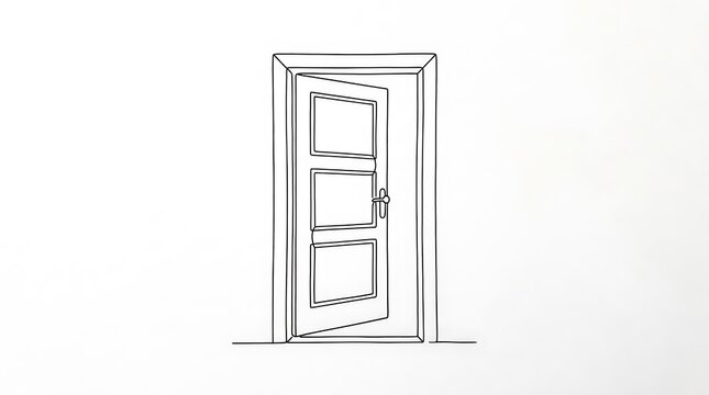 Minimalist continuous line sketch of an open wooden interior door with entrance entryway architecture interior