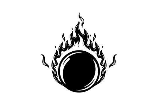 Black round circle icon with a burning flame in a vintage tattoo style