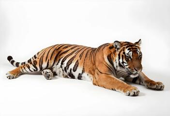Obraz premium Wildlife conservation and endangered species, majestic tiger lying down on a clean white background for animal protection and nature awareness campaigns