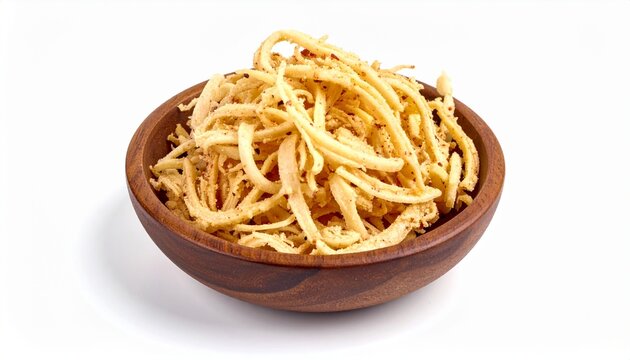crispy fried onion string strings snack in dark wooden bowl
