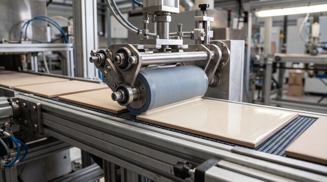 Automated production line applying glaze to ceramic tiles with a roller machine in a factory setting
