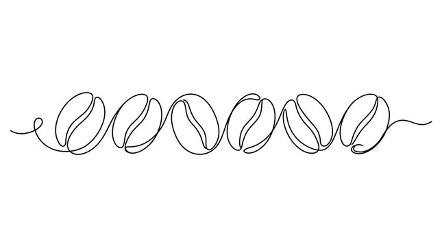 Continuous single line drawing of a row of roasted coffee beans with caffeine beverage espresso continuous minimalist
