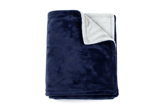 Soft dark blue fleece throw blanket with a light grey inner lining
