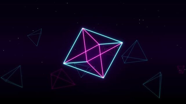 Neon geometric prisms floating in dark abstract digital space