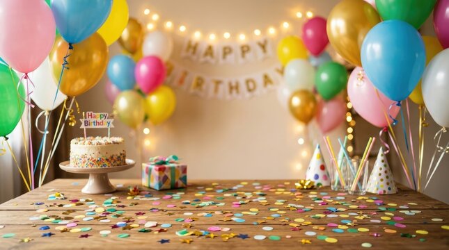 A festive birthday party scene is set on a wooden table. Colorful balloons in shades of pink, yellow, blue, and green float above a cake and presents.