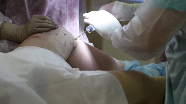 Liposuction and fat grafting using fat from the patient's leg in the operating room.