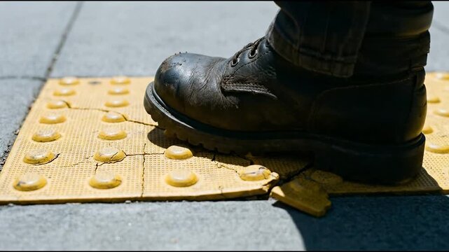 Steel-toed boot stepping on cracked yellow tactile paving while a loose fragment tumbles across the worn rubber surface