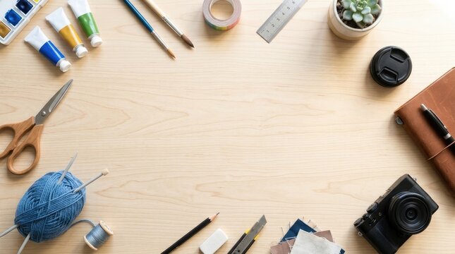 A light-colored wooden table displays a variety of art supplies.