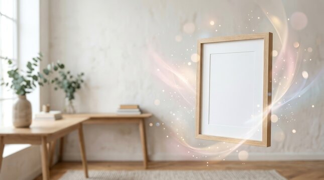 A light-filled room features a wooden desk and a white picture frame on a textured wall. A subtle, swirling bokeh effect adds a magical element to the background.