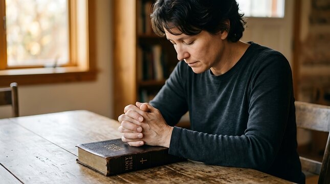 Woman with hands clasped in prayer on wooden table with an open Holy Bible