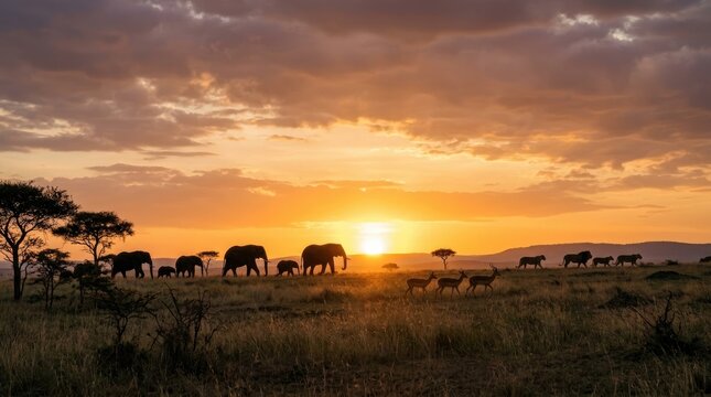A herd of elephants and a group of zebras graze in a vast savanna landscape during a vibrant sunset.