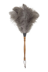 Traditional gray ostrich feather duster with a carved wooden handle, captured vertically against a clean white background © Chinases