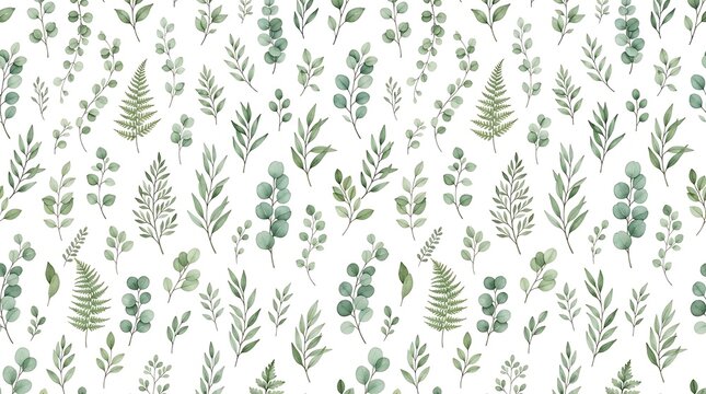 Watercolor seamless pattern of green eucalyptus branches, fern leaves, and botanical foliage on a solid white background