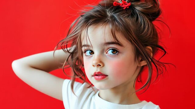 Charming child with messy hair in red background - captivating portrait of a young girl