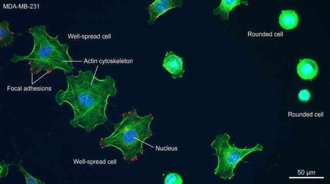 Fluorescent microscopic view of cancer cells showing actin cytoskeleton