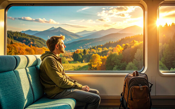 una persona viajando en tren observa el paisaje durante la hora dorada. Slow travel, turismo sostenible, movilidad, aventura, introspecci&oacute;n y experiencias de viaje.