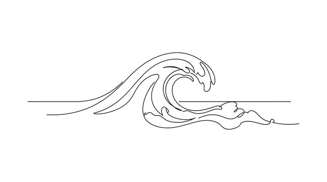 Continuous single line drawing of a large ocean wave cresting with minimalist continuous illustration splashing