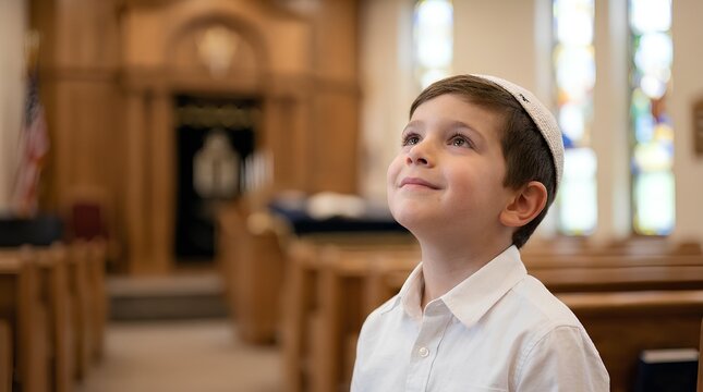 Young Jewish boy wearing a white kippah looking upward with a hopeful expression inside a traditional synagogue
