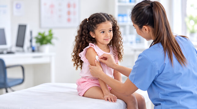 Friendly pediatric nurse applying an adhesive bandage to a smiling young girl's arm after a vaccination in a bright, modern medical clinic setting