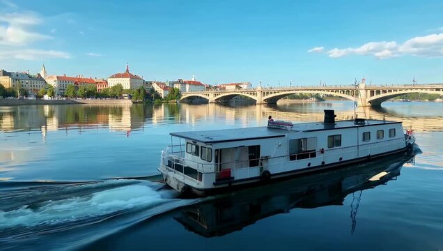 Explore the charm of a European city with travel 4K Ultra HD cityscape video which captures a relaxing boat ride on the Bega River in Timisoara beautifully reflecting the vibrant colors of the sky