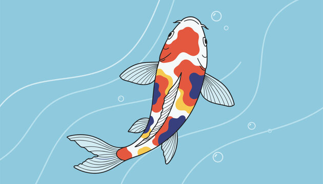 Colorful koi fish swimming gracefully in blue water with gentle waves and bubbles top down vector view.