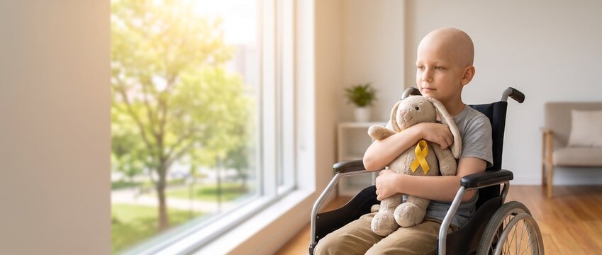 Monat des Bewusstseins f&uuml;r Kinderkrebs: Ein tapferes Kind im Rollstuhl mit Kuscheltier und goldener Schleife schaut aus dem Fenster