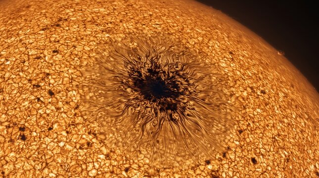 Captivating close-up of a dynamic sunspot on the solar surface, revealing intricate granular patterns and the powerful magnetic activity of our star