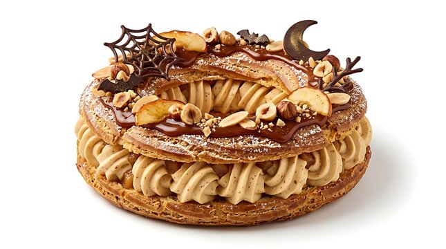 Spooky Gourmet Paris-Brest Pastry with Hazelnut Cream and Chocolate Spiderwebs
