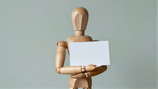 A wooden mannequin holding a blank white sign