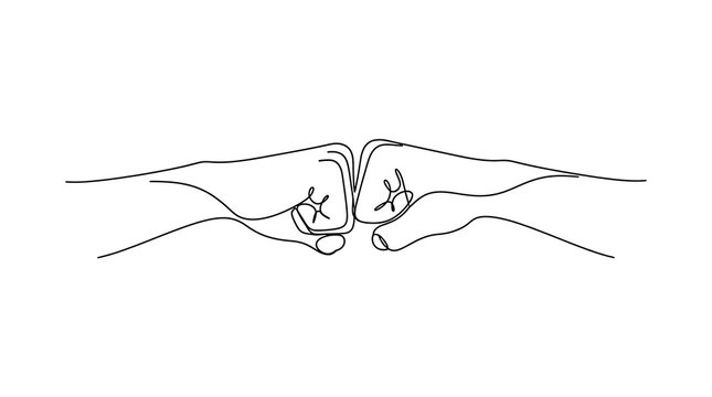 Minimalist continuous line art drawing of two hands making a fist bump gesture with greeting agreement cooperation
