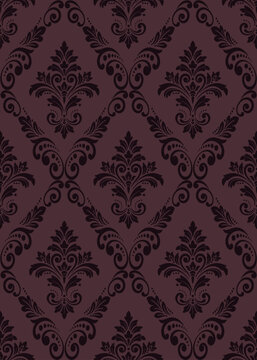 Luxury moody plum black damask seamless pattern background with ornate floral acanthus motif for dark gothic victorian wallpaper, baroque backdrop, and velvet upholstery textile fabric.