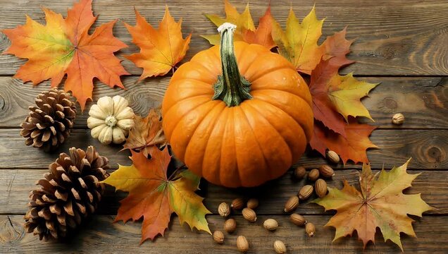 Festive 4K Ultra HD Thanksgiving flat-lay backdrop displaying an artistic arrangement of colorful autumn maple leaves dried pine cones miniature orange pumpkins and mixed nuts on dark weathered