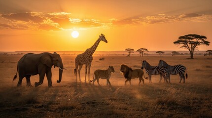 Fototapeta premium African savannah at sunset with an elephant, giraffe, lion, lioness, and zebras gathered on the grassland beneath a golden sky.