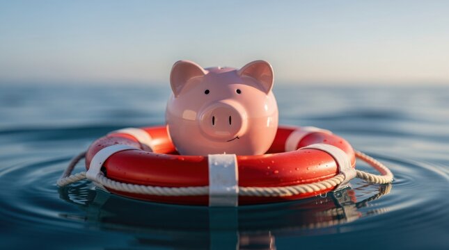 A pink piggy bank floats in a red lifebuoy on calm water under a clear sky, symbolizing financial safety or savings protection.