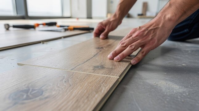 A close-up of hands installing wooden laminate flooring, focusing on precise alignment and craftsmanship.