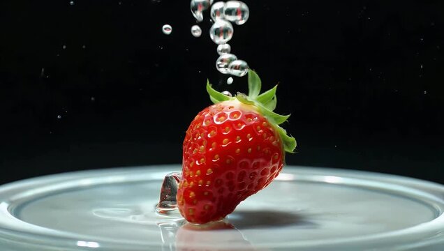 Icy 4K Ultra HD high-speed cinema camera footage showing whole red strawberries and clear ice blocks rotating dramatically underwater creating a refreshing beverage asset against a solid black