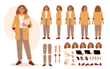 Fototapeta na wymiar Friendly HR manager woman character for animation. Front, side, back poses and postures set. Vector illustration.