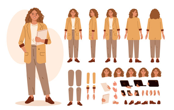Friendly HR manager woman character for animation. Front, side, back poses and postures set. Vector illustration.