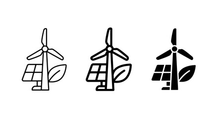 Fototapeta premium Renewable Energy Icons: Wind Turbine, Solar Panel, Leaf. Eco-friendly Power Concepts