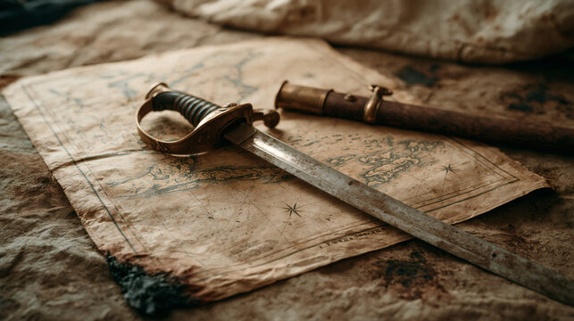 A vintage metal sword rests on top of an old aged paper map which is spread out on a rough textured surface