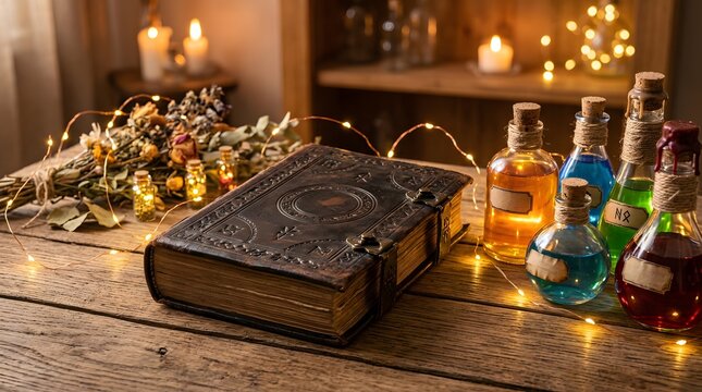 Antique leather spell book and colorful potion bottles on wooden table