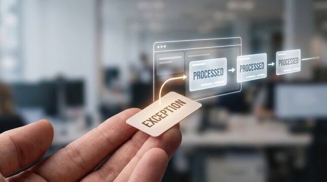 AI Back Office Automation - A human hand receives an exception card for review as automated AI workflows continue seamlessly in the background.