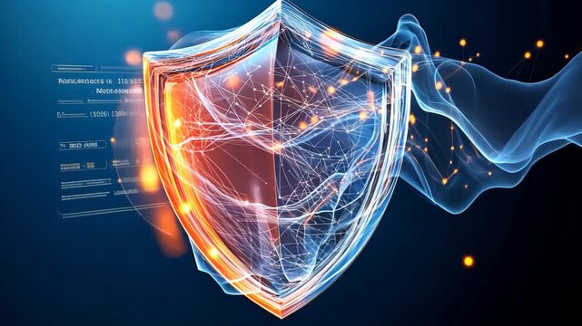 Digital shield with network connections and bright fire effects on dark background