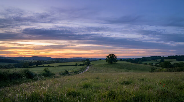 A scenic landscape featuring a lone oak tree on a rolling green hill during a dramatic sunset
