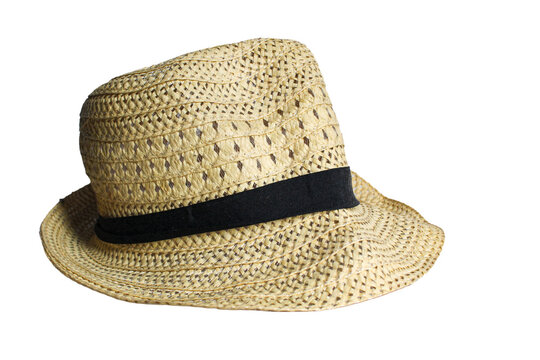 Natural Straw Fedora Hat with Black Band Isolated on White
