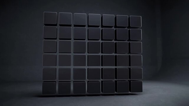 Building dark square tile matrix in studio, cyan-rim tile moving from ledge and completing grid