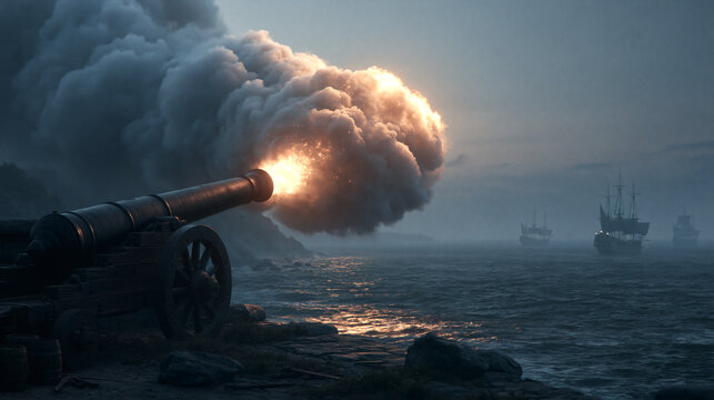 A vintage metal cannon fires a large blast of smoke and fire from a coastal cliff toward wooden sailing ships on the ocean at sunset