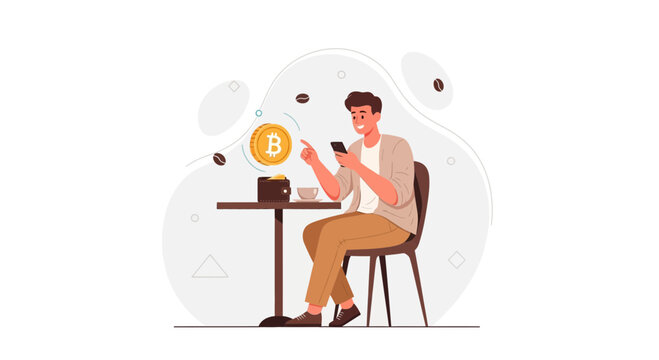 Man uses smartphone to manage Bitcoin cryptocurrency wallet and digital assets, financial technology concept illustration.