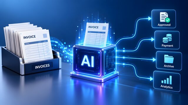 Artificial intelligence automating digital invoice processing into payment approval archive and analytics workflows