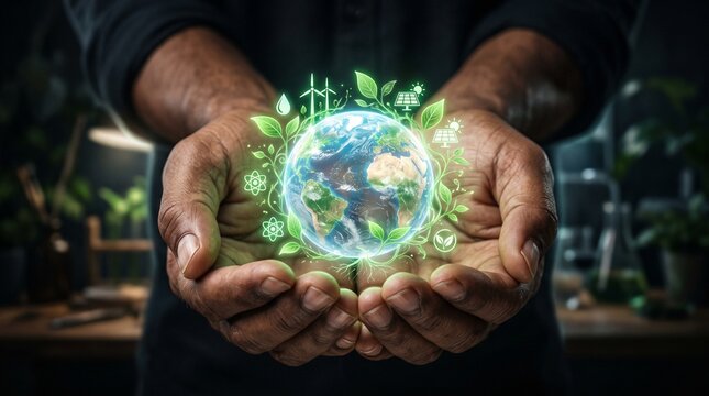 Person cupping hands gently around a glowing holographic globe surrounded by miniature green leaf and wind turbine icons symbolizing sustainable energy.